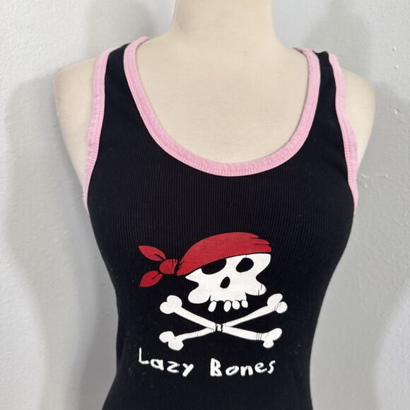 Lazy One Tank Top Womens Large Black lazy bones Graphic Goth Ribbed Y2K 90s - Picture 2 of 8